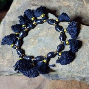 Vintage Black and Gold Toned Tassel Stretch Bracelet With Recycled Paper Beads